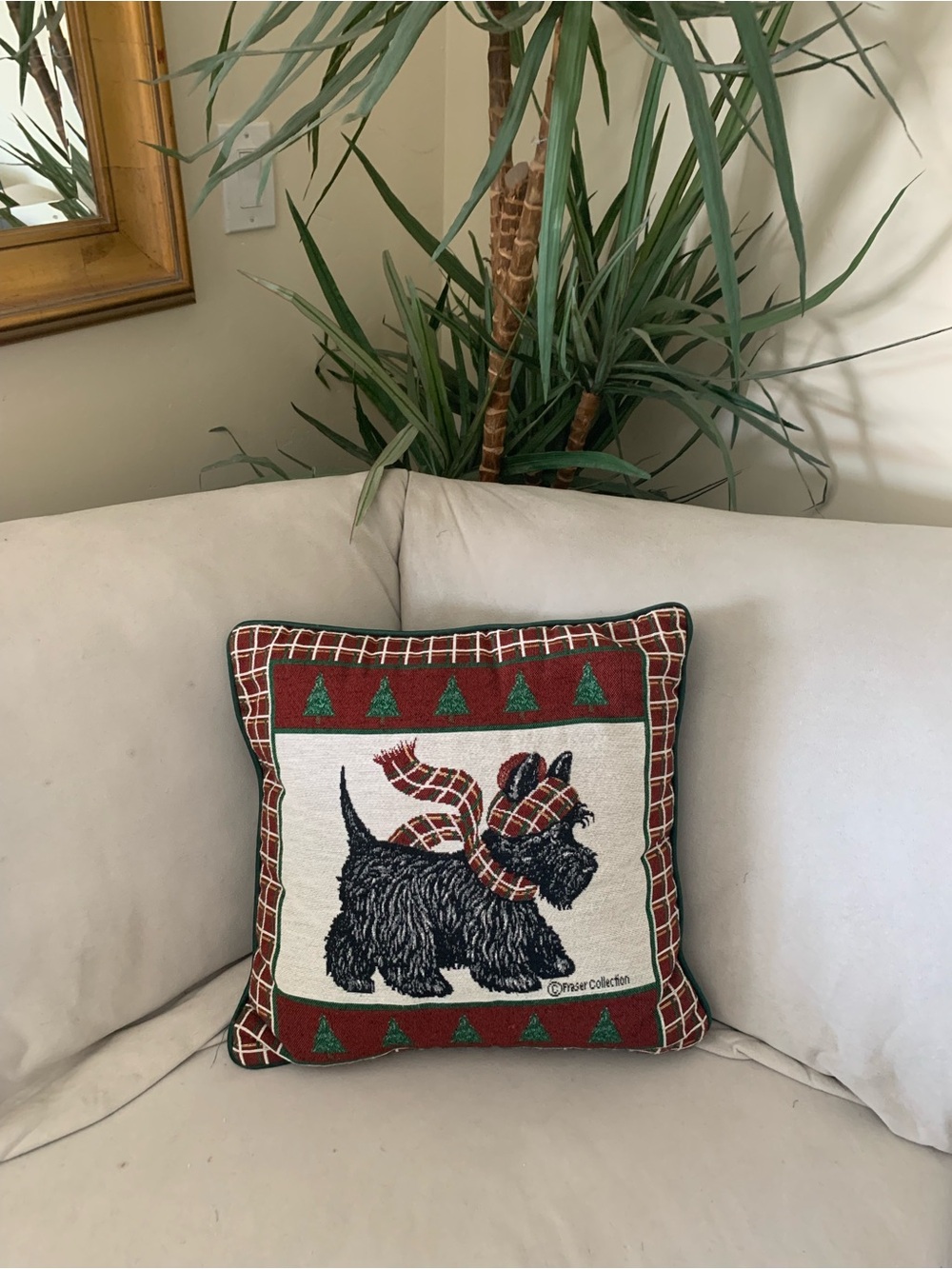 Festive Scottie Dog Holiday Pillow with Red & Green Plaid Accents 16X16 square - Picture 2 of 3